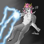  1:1 absa anthro bovid caprine countershading digital_media_(artwork) electricity elemental_manipulation female fur goat gradient_background grey_body hair hi_res hooves horn iivoltagewolf japanese_text lightning mammal open_mouth pink_hair rivals_of_aether signature simple_background solo text tuft yellow_eyes 