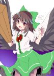  1girl arm_cannon black_wings bow brown_eyes brown_hair cape commentary_request dated enjoy_mix fang green_bow green_skirt hair_bow long_hair looking_at_viewer one-hour_drawing_challenge reiuji_utsuho shirt signature simple_background skirt solo third_eye touhou twitter_username weapon white_background white_shirt wings 