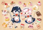  apron black_hair cup food fork kemono_friends kemono_friends_3 kikuchi_milo long_hair looking_at_viewer maid maid_apron maid_headdress narwhal_(kemono_friends) one_eye_closed open_mouth pig_(kemono_friends) pink_hair short_hair smile spoon sweets tea teacup teapot 