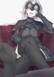  1girl absurdres armor armored_dress black_dress black_thighhighs breasts chain collar commission crossed_legs dress fate/grand_order fate_(series) faulds feet gauntlets grey_hair headpiece highres jeanne_d&#039;arc_alter_(avenger)_(fate) jeanne_d&#039;arc_alter_(fate) large_breasts looking_at_viewer metal_collar open_mouth pixiv_commission plackart ri_o_ne_su short_hair sitting thighhighs yellow_eyes 