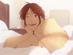  1girl breasts brown_eyes brown_hair commentary door eyewear_removed glasses hair_down hange_zoe hanpetos head_rest lying nude one_eye_closed open_mouth shingeki_no_kyojin short_hair small_breasts smile solo under_covers 