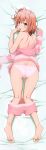  1girl :&lt; absurdres ass back bad_id bare_shoulders barefoot bed_sheet blush breasts clothes_pull dakimakura_(medium) dimples_of_venus from_behind full_body hair_between_eyes hair_bun hand_to_own_mouth highres knees_together_feet_apart long_sleeves looking_at_viewer looking_back lying medium_hair official_art on_stomach open_mouth orange_hair pajamas panties parted_bangs pink_panties red_eyes sheet_grab shorts shorts_pull shoulder_blades sideboob sidelocks single_hair_bun solo striped striped_pajamas thigh_gap third-party_source underwear undressing yahari_ore_no_seishun_lovecome_wa_machigatteiru. yuigahama_yui 