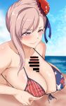  1boy 1girl alternate_eye_color american_flag_bikini asymmetrical_hair bar_censor bikini blue_sky blush breasts bun_cover censored closed_mouth cloud day fate/grand_order fate_(series) flag_print from_side hair_bun hetero highres kenja_panda large_breasts miyamoto_musashi_(fate) miyamoto_musashi_(swimsuit_berserker)_(fate) miyamoto_musashi_(swimsuit_berserker)_(second_ascension)_(fate) mosaic_censoring outdoors paizuri paizuri_under_clothes penis pink_hair purple_eyes sky solo_focus swimsuit wet 