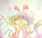  2girls ascot bat_wings blonde_hair blue_hair brown_eyes collared_shirt doughnut eating flandre_scarlet food frilled_sleeves frills hair_between_eyes hat hat_ribbon highres looking_at_viewer mob_cap multicolored_wings multiple_girls painting_(medium) pink_headwear pink_shirt pointy_ears puffy_short_sleeves puffy_sleeves red_ascot red_eyes red_ribbon remilia_scarlet ribbon shirt short_sleeves siblings simple_background sisters sleeve_ribbon touhou traditional_media upper_body watercolor_(medium) white_background white_headwear white_shirt wings yellow_ascot yuyu_(00365676) 