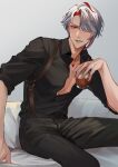  1boy absurdres ahoge alcohol alhaitham_(genshin_impact) black_pants black_shirt chest_jewel collarbone collared_shirt commentary_request cup dress_shirt drink gem genshin_impact grey_background grey_hair grin hair_over_one_eye hand_up highres holding holding_cup looking_at_viewer male_focus moontea_bunny multicolored_hair one_eye_covered open_clothes open_shirt pants parted_bangs pectoral_cleavage pectorals red_eyes red_gemstone red_hair shirt short_hair simple_background sitting sleeves_rolled_up smile solo streaked_hair swept_bangs teeth tumbler_glass v-shaped_eyebrows wing_collar 