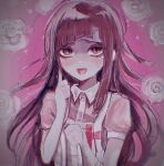 1girl :d apron blush brown_hair commentary danganronpa_(series) danganronpa_2:_goodbye_despair flower hand_up hands_up highres long_hair looking_at_viewer naruse_(nal1525) pink_background pink_shirt puffy_short_sleeves puffy_sleeves red_eyes shirt short_sleeves smile solo sweat tsumiki_mikan two-tone_shirt white_apron 