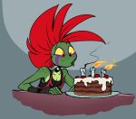  anthro ash_(g-h-) birthday_cake cake candle choker clothing dessert fingerless_gloves food freckles freckles_on_shoulders gecko ghastlygh gloves green_body green_scales grey_background hair handwear jewelry lizard male mohawk necklace red_hair reptile scales scalie shirt simple_background solo tank_top topwear wide_eyed yellow_sclera 