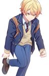  1boy adjusting_footwear backpack bag blazer blonde_hair blue_pants brown_footwear buttons ceiling39 clenched_hand closed_mouth collared_shirt diagonal-striped_necktie gradient_hair grey_socks highres jacket kamiyama_high_school_uniform_(project_sekai) lapels long_sleeves male_focus multicolored_hair necktie notched_lapels open_clothes open_jacket orange_eyes orange_hair pants project_sekai school_uniform shirt short_hair simple_background socks solo sweater tenma_tsukasa white_background yellow_sweater 