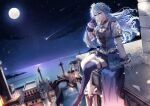  absurdres blue_hair brooch canal crown dress gloves highres hololive hoshimachi_suisei jewelry lamppost long_hair looking_at_viewer moon night night_sky potamikouu shooting_star sitting skirt sky star_(sky) thighhighs town virtual_youtuber water 