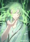 1other androgynous artist_name enkidu_(fate) fate/grand_order fate/strange_fake fate_(series) green_eyes green_hair highres light_green_hair long_hair looking_at_viewer robe smile solo toga translation_request tsunagari448 upper_body very_long_hair white_robe 
