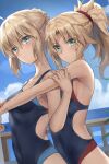  2girls ahoge alternate_costume artoria_pendragon_(fate) blonde_hair blue_one-piece_swimsuit blue_sky blush breasts closed_mouth cloud commentary_request competition_swimsuit day fate/apocrypha fate_(series) green_eyes highres hug hug_from_behind looking_at_viewer medium_breasts mordred_(fate) mother_and_daughter multiple_girls ocean one-piece_swimsuit outdoors ponytail saber short_hair sidelocks sky swimsuit tonee 