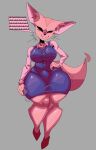  aggressive_retsuko anthro big_breasts big_ears black_eyes breasts canid canine clothed clothing dress female fennec fenneko fox fully_clothed fur hand_on_hip hi_res laugh mammal office_lady open_mouth sanrio solo standing tan_body tan_fur thick_thighs wide_hips xexeezy 