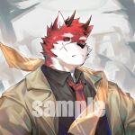 1boy bara black_sclera collared_shirt colored_sclera cross_scar facial_mark fang fang_out forehead_mark furry furry_male horns laserbiubiu looking_at_viewer male_focus necktie original red_eyes red_fur red_necktie sample_watermark scar scar_on_cheek scar_on_face scarf shirt short_hair solo thick_eyebrows upper_body 