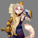 5_fingers absurd_res anthro bell bell_collar belt cloak clothed clothing collar cosplay crawl crown digital_drawing_(artwork) digital_media_(artwork) domestic_ferret eyewear fingers fur glasses gloves gold_(metal) gun hair handwear headgear hi_res holding_object holding_weapon jewelry jhin_(lol) kasu_g_mond league_of_legends long_tail looking_at_viewer machine male mammal metal multicolored_body mustelid musteline pink_nose ranged_weapon red_eyes rifle riot_games robotic_arm robotic_hand rope simple_background smile sniper_rifle solo tail true_musteline tufted_fur tunic two_tone_body weapon weapon_on_shoulder weasel white_body white_fur 
