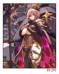  1girl aircraft_carrier azur_lane black_cape black_gloves breasts cape clemenceau_(azur_lane) closed_mouth cowboy_shot cross crown elbow_gloves gloves hair_between_eyes hand_up holding holding_staff kuroinu9 large_breasts long_hair looking_at_viewer military_vehicle pink_hair red_eyes revealing_clothes ship solo staff two-sided_fabric underboob warship watercraft 
