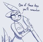  anthro arte_(r-mk) cleavage_cutout clothed clothing comically_large_object comically_large_stylus drawing_pen drawing_stylus english_text female forehead_gem generation_2_pokemon humor lips nintendo pen pokemon pokemon_(species) r-mk sketch sneasel solo stylus text 