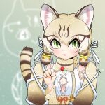 1girl absurdres animal_ears bow bowtie cat_ears cat_girl cat_tail equalarrow extra_ears geoffroy&#039;s_cat_(kemono_friends) green_eyes grey_background grey_hair highres kemono_friends kemono_friends_v_project long_hair looking_at_viewer microphone ribbon shirt simple_background skirt solo suspenders tail twintails upper_body virtual_youtuber 