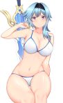  1girl alternate_costume arind_yudha arm_support armpits ass_visible_through_thighs bikini blue_hair breasts claymore_(sword) cleavage collarbone commentary_request eula_(genshin_impact) genshin_impact greatsword grey_eyes hair_between_eyes hair_ornament hairband knees_together_feet_apart leaning_to_the_side looking_at_viewer medium_hair navel sidelocks simple_background sitting sleeveless solo spaghetti_strap stomach swimsuit sword weapon weapon_on_back white_background white_bikini 