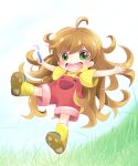  1girl amaama_to_inazuma blush boots brown_hair eyelashes female_child grass green_eyes highres holding holding_spoon inuzuka_tsumugi long_hair messy_hair open_mouth outstretched_arms overalls red_overalls rubber_boots shirt solo spoon teeth very_long_hair yellow_footwear yellow_shirt yume_shokunin 