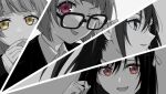  4girls adjusting_eyewear bespectacled blue_eyes blunt_bangs collared_shirt fang glasses hair_ribbon long_hair looking_at_viewer love_live! love_live!_nijigasaki_high_school_idol_club mifune_shioriko monochrome multiple_girls nakasu_kasumi one_eye_closed open_mouth orange_eyes ousaka_shizuku red_eyes ribbon shirt short_hair sidelocks suit tennouji_rina tongue tongue_out wedo 