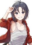  1girl :d antenna_hair arm_at_side armpits artist_name black_eyes black_hair breasts collarbone commentary curled_fingers grin hair_between_eyes hand_up idolmaster idolmaster_(classic) jacket kikuchi_makoto light_blush long_sleeves looking_at_viewer loose_hair_strand medium_breasts mogskg open_clothes open_jacket red_jacket short_hair signature simple_background sleeveless smile solo striped_tank_top tank_top twitter_username upper_body white_background white_tank_top 