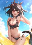  1girl afloat ahoge animal_ears banana_boat bare_arms bare_shoulders bikini black_bikini black_hair blue_sky blush cloud cloudy_sky collarbone commentary_request double-parted_bangs front_bow hair_between_eyes hair_ribbon hand_in_own_hair hand_up highres horse_ears horse_girl horse_tail inflatable_raft kitasan_black_(umamusume) looking_at_viewer multicolored_hair na-code_(gurich) navel on_banana one_eye_closed open_mouth outdoors red_bikini red_eyes red_ribbon ribbon short_hair side-tie_bikini_bottom sky smile sparkling_aura stomach streaked_hair swimsuit tail two-tone_hair two_side_up umamusume water_drop white_hair 