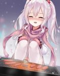  1girl blurry blurry_background blush closed_eyes commentary_request depth_of_field facing_viewer flat_chest hair_between_eyes happy_tears highres long_hair long_sleeves mittens open_mouth original pink_scarf scarf shimokirin sidelocks sitting skirt snowing solo straight_hair tears thighhighs thighs twintails white_hair winter winter_clothes 