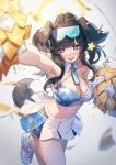  1girl absurdres animal_ears bare_shoulders black_hair blue_archive blush breasts cheerleader cleavage confetti dog_ears dog_girl dog_tail eyewear_on_head halo hibiki_(blue_archive) hibiki_(cheer_squad)_(blue_archive) highres holding holding_pom_poms large_breasts leg_up long_hair looking_at_viewer mazel_(mazel_star) millennium_cheerleader_outfit_(blue_archive) navel official_alternate_costume pom_pom_(cheerleading) shoes skirt sneakers solo standing standing_on_one_leg star_sticker sticker_on_face sweat tail text_print thighs white_skirt yellow_halo 