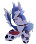 anthro arms_tied balls belly blue_body blue_eyes blue_fur bodily_fluids bound cowbell fluffy fluffy_ears fluffy_tail fur genital_fluids genitals high_thighs knot male navel nipples penis pilvi_owo precum sergal simple_background smile solo solo_focus tail white_background white_belly 