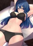  1girl absurdres akinoji_(akiponpon27) armpits arms_up bed bed_sheet black_bra black_panties blue_eyes blue_hair blush bra breasts caeda_(fire_emblem) closed_mouth commentary_request commission fire_emblem fire_emblem:_mystery_of_the_emblem fire_emblem:_shadow_dragon_and_the_blade_of_light hair_between_eyes highres long_hair lying medium_breasts navel official_alternate_costume official_alternate_hairstyle on_back panties pillow simple_background skeb_commission solo thighhighs thighs underwear underwear_only 