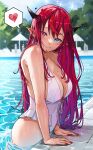  1girl absurdres archinoer bare_shoulders blue_eyes breasts cleavage closed_mouth earrings heterochromia highres hololive hololive_english horns irys_(hololive) jewelry large_breasts long_hair looking_at_viewer multicolored_hair outdoors pointy_ears purple_eyes purple_hair red_hair smile solo swimsuit virtual_youtuber wet wet_clothes wet_swimsuit 