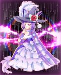  1girl bow commentary_request cure_magical cure_magical_(alexandrite_style) dress expressionless eyelashes flower green_bow hat hat_bow hat_flower highres izayoi_liko komanana320 layered_dress long_hair looking_at_viewer magical_girl mahou_girls_precure! precure purple_dress purple_eyes purple_hair purple_theme red_flower red_rose rose solo witch witch_hat 