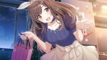  1girl :d bag blue_choker blue_shirt blurry blurry_background blush bokeh bow bow_hairband breasts brown_hair choker cloud collarbone cowboy_shot depth_of_field game_cg hair_bow hairband holding holding_bag idolmaster idolmaster_shiny_colors indoors large_breasts leaning_forward light_particles long_hair looking_at_viewer night official_art open_mouth outstretched_hand pink_eyes plant potted_plant puffy_short_sleeves puffy_sleeves refrigerator see-through see-through_sleeves shirt short_sleeves sidelocks skirt smile solo sparkle tsukioka_kogane waist_bow window yellow_skirt 