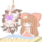  2girls :&gt; :t bandaid bandaid_on_head barefoot black_hair blush_stickers bow bowtie brown_hair chibi closed_eyes commentary_request cup cushion dress full_body hair_bow hakurei_reimu hanging holding holding_cup horns kijin_seija long_hair long_sleeves medium_hair multicolored_hair multiple_girls natsu_(tohotiara) purple_bow purple_bowtie red_bow red_hair red_shirt red_skirt rope seiza shirt simple_background sitting skirt smile streaked_hair sweatdrop touhou upside-down white_background white_dress white_hair wide_sleeves zabuton 
