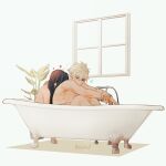  1boy 1girl bathing bathroom bathtub black_hair blonde_hair blue_eyes blush cloud_strife commentary couple final_fantasy final_fantasy_vii full_body heart hetero highres hug hug_from_behind indoors long_hair maiii_(smaii_i) nude plant potted_plant simple_background sitting spiked_hair symbol-only_commentary tifa_lockhart toned toned_male twitter_username window 