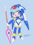 1girl android blue_background blue_eyes boots breasts dated full_body gloves helmet holding holding_polearm holding_weapon ikumokanata72 leviathan_(mega_man) looking_at_viewer mega_man_(series) mega_man_zero_(series) open_mouth polearm robot robot_girl simple_background solo spear thigh_boots thighhighs twitter_username weapon white_gloves 