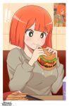  1girl absurdres black_eyes blunt_bangs blush bob_cut breasts bright_pupils burger dripping eating english_commentary food french_fries grey_sweater highres holding holding_food ken-pai_(kenpai_arts) large_breasts long_sleeves mcdonald&#039;s orange_hair reference_inset short_hair solo stain sweatdrop sweater upper_body wavy_mouth white_pupils yoru_mac 