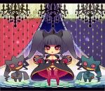  1girl alternate_color banette black_panties breasts chandelier checkered_background chibi choker cleavage creature_and_personification curtains d_(pixiv544157) dot_nose dress eyelashes flower garter_straps grey_dress grey_hair grin large_breasts mega_banette mega_pokemon nail_polish panties parted_lips personification pink_eyes pink_thighhighs pokemon puffy_short_sleeves puffy_sleeves rose scar scar_on_breasts shiny_pokemon short_sleeves slit_pupils smile symmetry thighhighs underwear zipper zipper_pull_tab 