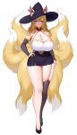  absurd_res animal_humanoid big_breasts blonde_hair bottomwear breasts canid canid_humanoid canine canine_humanoid cleavage clothed clothing dipstick_tail fox_humanoid hair hat headgear headwear hi_res humanoid mammal mammal_humanoid markings multi_tail skirt suruga_(xsurugax) tail tail_markings wide_hips witch_hat yellow_tail 