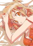  ahoge bed_sheet breasts fujimoto_satoru highres looking_at_viewer medium_breasts orange_eyes orange_hair orange_tank_top senki_zesshou_symphogear short_hair shoulder_strap signature tachibana_hibiki_(symphogear) tank_top 