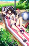  1girl arm_behind_head arm_garter arm_up asymmetrical_hair ball beach beachball bikini black_hair blush breasts clock_eyes cross-laced_bikini cross-laced_clothes date_a_live day frilled_bikini frills full_body hairband hands_up heterochromia highres holding_ice_cream knee_up lewdkuma lolita_hairband long_hair looking_at_viewer medium_breasts ocean outdoors red_eyes sitting smile solo starfish swimsuit symbol-shaped_pupils tokisaki_kurumi twintails yellow_eyes 