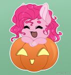  big_ears chibi embarrassed equid equine eyes_closed female feral food friendship_is_magic fruit hair hasbro hi_res horse jack-o&#039;-lantern long_hair magic mammal my_little_pony pinkie_pie_(mlp) plant pony pumpkin smile solo volodyanocturne 