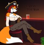  5_toes anne_mate anthro barefoot breasts canid canine choker cleavage clothed clothing crossed_legs eyewear feet female fox glass glasses humanoid_feet irkingir jewelry looking_at_viewer mammal necklace off_shoulder pirate plantigrade sitting solo toes 