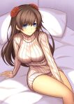  1girl absurdres alternate_costume between_legs blue_eyes breasts brown_hair commentary_request earrings fate/grand_order fate_(series) hair_ornament hand_between_legs highres hisato_nago hoop_earrings jewelry large_breasts long_hair long_sleeves looking_at_viewer mata_hari_(fate) on_bed pillow ribbed_sweater sitting smile solo sweater 