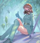  1girl arm_support belt boots brown_eyes brown_hair bug commentary_request crossed_legs dragonfly earrings gloves jewelry kaze_no_tani_no_nausicaa knee_boots light_rays looking_at_viewer mask medium_hair mouth_mask nausicaa outdoors sitting solo studio_ghibli thighs thumbs_up tunguu 