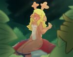  absurd_res anthro antlers being_watched bikini bikini_around_legs bingbingo_(artist) black_bikini black_clothing black_swimwear blonde_hair blurred_foreground bodily_fluids breasts brown_body brown_fur buckteeth clothing deer deltarune doe_with_antlers duo eyes_closed fanning fanning_self female first_person_view fur hair hi_res horn human kris_(deltarune) light light_beam long_hair looking_at_another male mammal motion_lines naked_female navel nipples noelle_holiday nude open_mouth peeping plant red_nose red_towel rock shrub signature sitting_on_rock small_breasts sweat swimwear tail teeth tree undertale_(series) yellow_body 