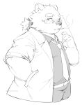  1boy absurdres animal_ears bara bear_boy bear_ears belt cigarette collared_shirt commentary_request cropped_legs furry furry_male glasses greyscale hand_in_pocket hand_up highres holding holding_paper lab_coat leib_(housamo) looking_at_viewer low_ponytail male_focus monochrome muscular muscular_male nakanakana necktie paper plump semi-rimless_eyewear shirt simple_background smoking solo thick_eyebrows tokyo_afterschool_summoners twitter_username upper_body white_background 