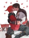  2boys adventurer_(ff14) animal_ears beard_stubble blush cat_ears cat_tail chibi embarrassed final_fantasy final_fantasy_xiv french_kiss g&#039;raha_tia heart heterochromia highres hyur kiss miqo&#039;te moisea0201 multiple_boys multiple_persona neck_tattoo red_hair sitting sitting_on_lap sitting_on_person straddling tail tail_wagging tail_wrap tattoo upright_straddle warrior_of_light_(ff14) yaoi 