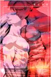  2boys abs bara blending border couple dragon_ball dragon_ball_z feet_out_of_frame frown hand_on_another&#039;s_back height_difference highres kiss kissing_cheek large_pectorals male_focus multiple_boys muscular muscular_male navel nipples pectorals receding_hairline short_hair sideburns son_goku spiked_hair standing stomach supobi thick_eyebrows topless_male translation_request vegeta yaoi 