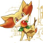  ambiguous_gender apple bag canid canine clothed clothing fennekin feral food fox fruit fur generation_6_pokemon hair headtilt looking_at_viewer mammal nintendo plant pokemon pokemon_(species) pokemon_mystery_dungeon scarf simple_background solo stick tail unknown_artist white_background yellow_body yellow_fur 